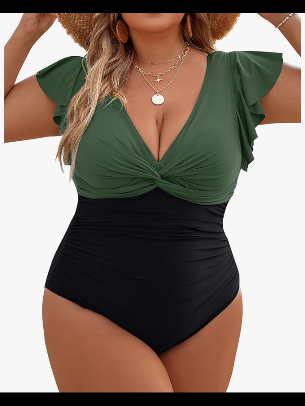 Plus Size Green and Black One-Piece Swimsuit - Elegant Twist Front